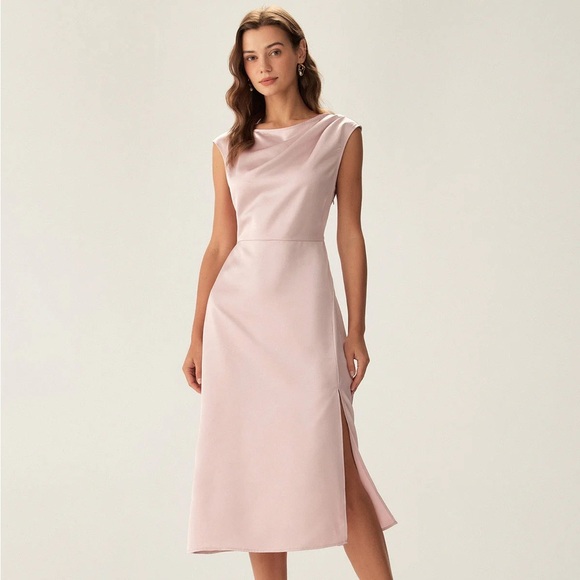 RIHOAS Dresses & Skirts - RIHOAS Pink Satin Boat Neck Slit Sleeveless Midi Dress XS